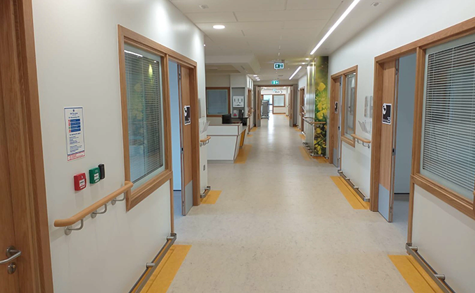 View of healthcare corridor with timber doorsets and glazed side screens