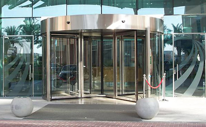 Large revolving door set installed in a hospital building entrance
