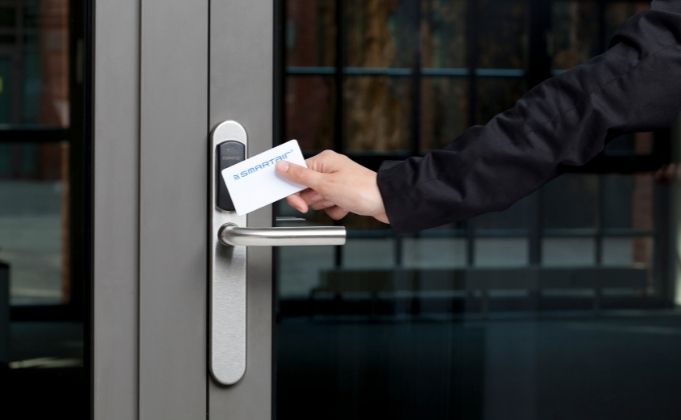 RFID card access control system on door
