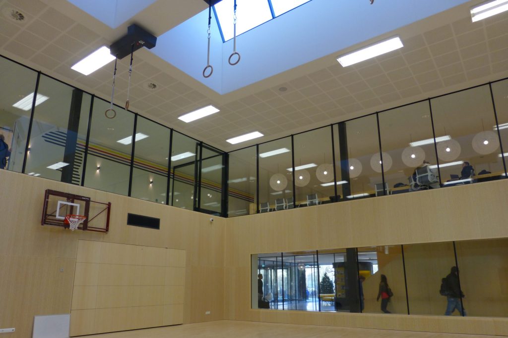 modern-fire-rated-steel-profile-glass internal walls-surrounding-school-gymnasium