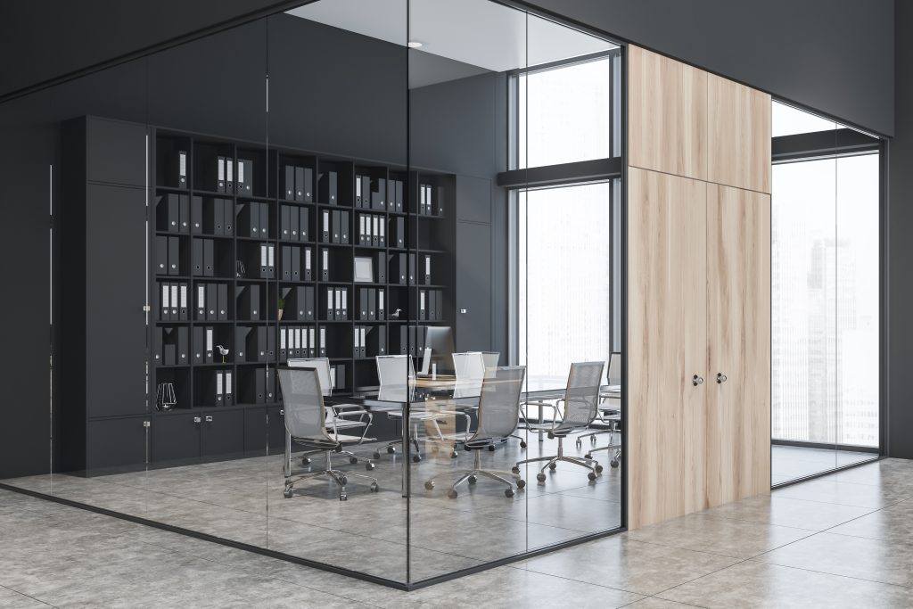 Minimalist-glass-office-partition-system-with-integrated-solid-doors
