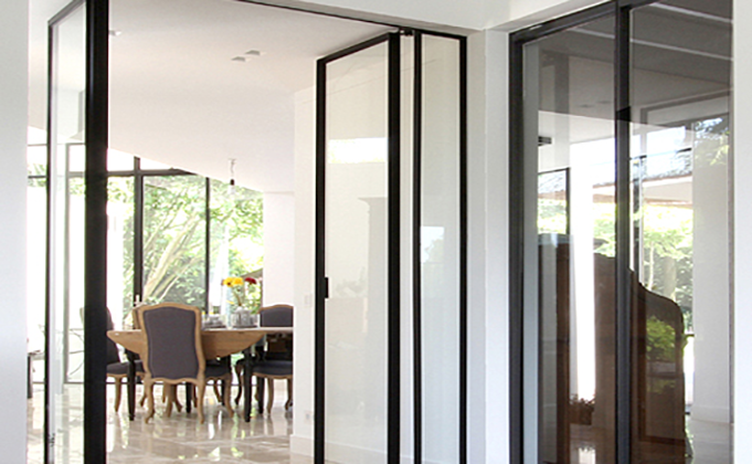 Internal hinged glass doors with side screens